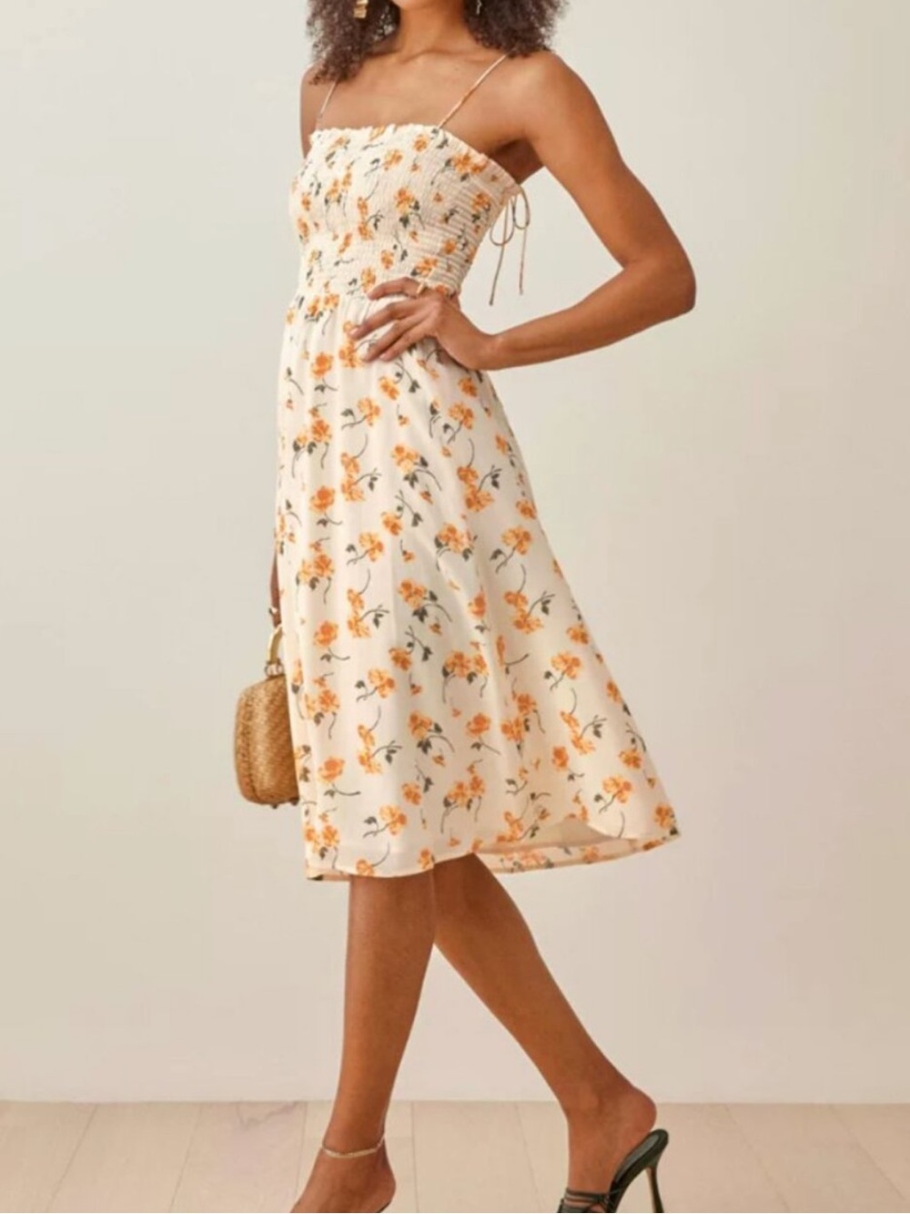 Brand New Reformation Cream Floral Smocked Sundress with Yellow Orange Flowers